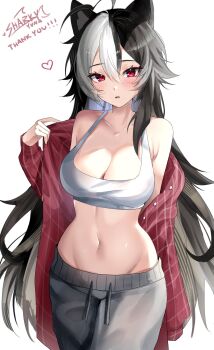 1girl bare_shoulders black_hair blush breasts cleavage collarbone commentary commission cowboy_shot crop_top double-parted_bangs grey_pants hair_between_eyes heart highres indie_virtual_youtuber large_breasts long_hair long_sleeves looking_at_viewer momote_(vtuber) multicolored_hair navel pants parted_lips red_eyes red_shirt sharkyyuna shirt shirt_partially_removed simple_background solo stomach tank_top two-tone_hair virtual_youtuber white_background white_hair white_tank_top