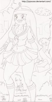 10s 1girl 2012 adventure_time bag blush blush_stickers breasts building bush cartoon_network city cityscape cleavage cloud collarbone dated flower grass heart highres holding holding_bag large_breasts long_hair looking_at_viewer may midriff monochrome navel neckerchief open_mouth princess princess_bonnibel_bubblegum school_uniform shirt short_sleeves sketch skirt sky skyscraper smile socks standing star_(symbol) sun supergeorgesapiens teeth tiara tree