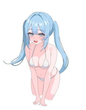 Rule 34 | 1girl, absurdres, arahashi tabi, arms at sides, bikini, blue eyes, blue hair, breasts, commentary, cropped legs, deoksodaejang guchangmo, double-parted bangs, highres, korean commentary, large breasts, leaning forward, long hair, looking at viewer, navel, open mouth, simple background, smile, solo, standing, stellive, stomach, string bikini, swimsuit, twintails, virtual youtuber, white background, white bikini