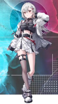 1girl asymmetrical_footwear asymmetrical_legwear bare_shoulders black_bra black_choker black_thighhighs boots bra breasts choker commentary earrings english_commentary grey_hair hair_ornament hairclip hand_up high_heels highres hitotose_tanteidan jewelry kannagi_tenri kikugetsu light_blush long_hair looking_ahead medium_breasts mismatched_footwear mismatched_legwear necomi official_art parallel_hairclips red_eyes shirt single_thighhigh skirt sleeves_past_wrists solo standing standing_on_one_leg thighhighs underwear white_boots white_shirt white_skirt