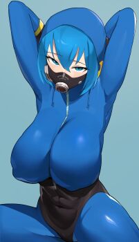 1girl absurdres arms_behind_head blu_pyro_(tf2) blue_background blue_bodysuit blue_eyes blue_hair bodysuit breasts commission genderswap genderswap_(otf) highres hood hood_up large_breasts latex latex_bodysuit looking_at_viewer mask pyro_(tf2) respirator short_hair simple_background solo t-lex team_fortress_2