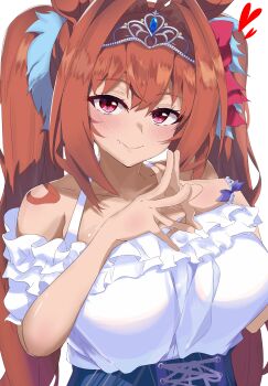 1girl absurdres animal_ears bare_shoulders blue_skirt blush bracelet breasts brown_hair closed_mouth collarbone commentary_request daiwa_scarlet_(casual)_(umamusume) daiwa_scarlet_(umamusume) ekazawa_sdvx fang hair_intakes heart highres horse_ears horse_girl jewelry large_breasts long_hair looking_at_viewer off-shoulder_shirt off_shoulder pearl_bracelet red_eyes shirt simple_background skin_fang skirt smile solo tiara twintails umamusume very_long_hair white_shirt