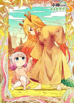 2girls :o alternate_costume artist_request barefoot blue_eyes breasts commentary_request dragon_girl dragon_horns dragon_tail dress full_body holding_hands horns kanna_kamui kobayashi-san_chi_no_maidragon large_breasts long_hair looking_at_viewer multiple_girls official_art orange_dress orange_hair outdoors pink_dress red_eyes short_hair size_difference standing tail tohru_(maidragon) white_hair