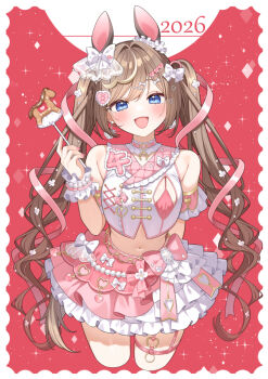 1girl 2026 :d animal_ears bare_shoulders blue_eyes bow breasts brown_hair chinese_zodiac chitetan commentary_request cropped_legs hair_intakes hair_ribbon hand_up holding horse_ears horse_girl horse_tail jacket layered_skirt long_hair looking_at_viewer medium_breasts navel open_mouth original pink_bow pink_ribbon pleated_skirt ribbon skirt sleeveless sleeveless_jacket smile solo tail twintails very_long_hair white_jacket white_skirt wrist_cuffs year_of_the_horse