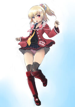 1girl armor black_thighhighs blazer blonde_hair emilia_percival female_focus flat_chest greaves hair_ornament headphones headphones_around_neck highres jacket johan_(johan13) long_hair miniskirt necktie open_mouth over-kneehighs panties pantyshot phantasy_star phantasy_star_portable_2 pink_panties ponytail red_eyes skirt solo standing striped_clothes striped_panties thighhighs underwear upskirt
