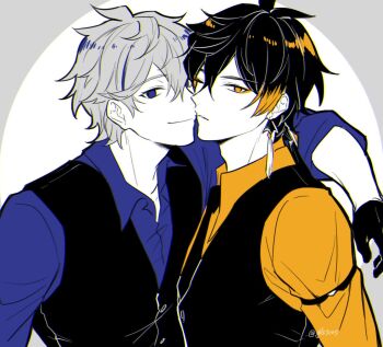 2boys alternate_costume arm_over_shoulder formal_clothes genshin_impact gils3105 greyscale monochrome multiple_boys suit tartaglia_(genshin_impact) twitter white_background yaoi zhongli_(genshin_impact)