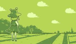 1girl 2018 animated cloud facing_away field full_body game_boy green_theme handheld_game_console hat looping_animation monochrome moriya_suwako onigashira_ginkaku outdoors pixel_art scarecrow shirt short_hair skirt skyline solo standing thighhighs torii touhou ugoira vest video wind