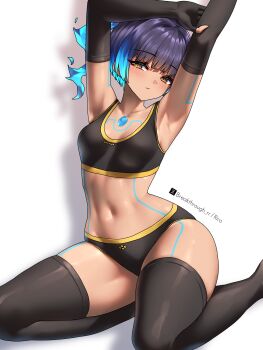 1girl absurdres armpits arms_up artist_name black_gloves black_hair black_panties black_sports_bra black_thighhighs blue_hair body_markings breasts brown_eyes chest_jewel closed_mouth commentary_request completion_time elbow_gloves fiery_hair fingerless_gloves foot_out_of_frame gloves gradient_hair highres kneeling looking_at_viewer midriff multicolored_hair navel panties riro_(breakthrough_rr) sena_(xenoblade) shadow short_hair simple_background small_breasts solo sports_bra stomach stretching tan thighhighs twitter_x_logo underwear white_background xenoblade_chronicles_(series) xenoblade_chronicles_3 yellow_trim