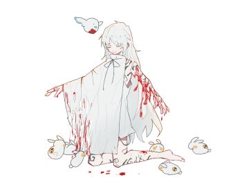 1boy adam_(project_moon) blood bone chinese_commentary closed_eyes closed_mouth commentary_request deep_wound exposed_bone guro highres injury kneeling lobotomy_corporation long_hair neck_ribbon project_moon punishing_bird ribbon shengji simple_background smile standard_training-dummy_rabbit white_background white_hair