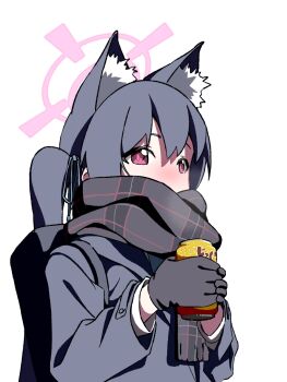 1girl animal_ear_fluff animal_ears black_gloves black_hair black_jacket black_scarf blue_archive can cat_ears drink_can gloves halo highres holding holding_can jacket long_hair long_sleeves miyamura_(mymr06) pink_halo red_eyes scarf serika_(blue_archive) simple_background solo upper_body white_background