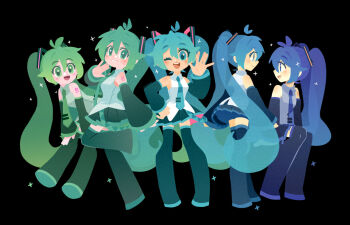 5girls alternate_color aqua_eyes black_background blue_eyes blue_hair color_coordination commentary english_commentary green_eyes green_hair hatsune_miku long_hair looking_at_another looking_at_viewer multiple_girls multiple_persona one_eye_closed projecttiger purple_eyes purple_hair sparkle twintails very_long_hair vocaloid waving