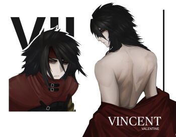 1boy absurdres back bare_shoulders black_hair cape character_name closed_mouth commentary english_commentary final_fantasy final_fantasy_vii final_fantasy_vii_remake from_behind hair_between_eyes headband highres looking_at_viewer looking_back male_focus median_furrow medium_hair mikuneki narrowed_eyes red_cape red_eyes red_headband vincent_valentine white_background