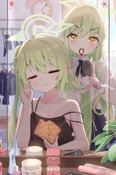 2girls ahoge black_camisole blue_archive bread brushing_another's_hair brushing_hair camisole closed_eyes closed_mouth collarbone collared_shirt comb food green_hair green_halo hair_brush halo highres hikari_(blue_archive) holding indoors long_hair long_sleeves mikumiku37 mirror mouth_hold multiple_girls nozomi_(blue_archive) pointy_ears shirt side_ponytail skirt white_shirt yellow_eyes