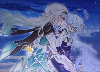 Rule 34 | 2girls, brown jacket, commentary, dress, firefly (honkai: star rail), green dress, green hair, grey hair, halo, hashtag-only commentary, highres, honkai: star rail, honkai (series), jacket, kiss, long hair, lynnmilkaddict, multicolored hair, multiple girls, purple dress, rain, robin (honkai: star rail), signature, two-tone hair, yuri