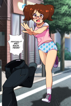 1girl black_pants blue_panties blush borrowed_character breasts brown_eyes brown_hair building bush character_print chasing cinderella_(disney_character) cinderella_(disney_movie) clothes_writing cora_(my_new_life) disney embarrassed emphasis_lines euf-dreamer glasses heart heart_print lace lace-trimmed_panties lace_trim living_clothes long_hair medium_breasts my_new_life open_mouth original panties pants pink_shirt print_panties purple_shoes road running shirt shoes short_sleeves sidewalk sneakers socks speech_bubble tree twintails underwear unworn_pants white_socks