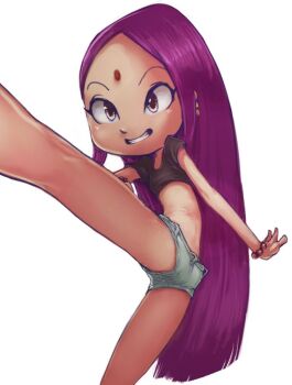 1girl ass bindi black_hair blue_shorts bracelet conoghi dark_skin denim denim_shorts earrings facial_mark female_focus forehead_mark grin jewelry kicking loli long_hair midriff purple_hair sally_bollywood sally_bollywood:_super_detective shiny_skin short_hair short_shorts short_sleeves shorts smile solo spread_legs teeth white_background