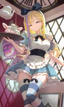 1girl ace_(playing_card) ace_of_spades alice&#039;s_adventures_in_wonderland alice_(alice_in_wonderland) alice_(alice_in_wonderland)_(cosplay) belt black_belt black_ribbon blonde_hair blue_dress bow breasts bustier card cheshire_cat_(alice_in_wonderland) cheshire_cat_(alice_in_wonderland)_(cosplay) cleavage clock commentary_request cosplay cup dress ear_piercing from_below grey_eyes hair_bow half-closed_eyes hand_up highres holding holding_tray indoors kumano_yume large_breasts leg_ribbon multicolored_hair nail_polish neck_ribbon original petticoat picture_frame piercing playing_card puffy_short_sleeves puffy_sleeves purple_eyes red_pupils ribbon shadow short_sleeves solo spade_(shape) standing standing_on_one_leg streaked_hair striped_clothes striped_thighhighs teacup teapot thick_thighs thigh_ribbon thighhighs thighs tray white_bustier window