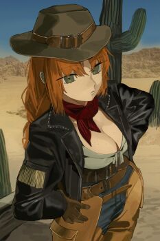 1girl belt belt_buckle bra breasts buckle cleavage cowboy_hat cowgirl_(western) denim desert hat highres ishmael_(project_moon) jacket jeans leather leather_jacket limbus_company looking_at_viewer pants project_moon red_hair red_scarf scarf underwear white_bra yongsadragon