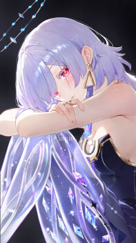 1girl absurdres artist_name bare_shoulders breasts cleavage closed_mouth colored_eyelashes commentary dark_background dress earrings from_side grey_hair halo highres jewelry knees_up long_hair looking_at_viewer looking_to_the_side medium_breasts mihan_(mihan_art) mornye_(wuthering_waves) no_jacket purple_dress red_eyes see-through_body sitting solo triangle_earrings wuthering_waves