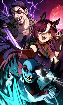 1boy 2girls :d animal_ears armor bare_shoulders black_eyes black_gloves black_hair black_sclera colored_sclera crossover detached_sleeves eyepatch fins fish_girl gloves head_fins highres holding holding_knife horse_ears horse_girl jacket knife looking_at_viewer majima_goro multicolored_hair multiple_girls open_mouth ponytail red_hair ryuu_ga_gotoku_(series) sharp_teeth short_hair smile snake_print streaked_hair tanino_gimlet_(embodiment_of_keravnos)_(umamusume) tanino_gimlet_(umamusume) teeth trait_connection umamusume undertale undyne undyne_the_undying utdr_(toby_fox) white_eyes yellow_eyes yellow_jacket yuzuki_v
