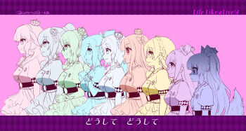 .live 6+girls animal_ears breast_envy breasts carro_pino chart commentary_request flat_chest large_breasts long_hair medium_breasts mokota_mememe multiple_girls rurun_rururica short_hair simple_background dennou_shoujo_siro tail translation_request virtual_youtuber wolf_ears wolf_tail yanagi_takashi