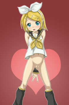 1girl arms_behind_back blonde_hair blush cleft_of_venus detached_sleeves female_focus hair_ornament hairband hairclip headphones headset highres kagamine_rin loli looking_at_viewer navel no_panties no_pants nonohito open_mouth pussy shirt short_hair solo standing uncensored v vocaloid white_hairband