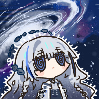 Rule 34 | 1girl, @ @, blue eyes, blue hair, chibi, chibi only, chinese commentary, confused, cui pi zha xia qiu, galaxy, girls' frontline, girls' frontline neural cloud, grey hair, grey shirt, hubble (neural cloud), long hair, official art, second-party source, shirt, solo, space