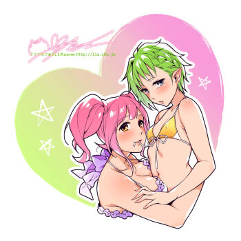 2girls bikini blue_eyes bow breasts brown_eyes covered_erect_nipples frilled_bikini frills green_hair hair_behind_ear heart hug looking_at_viewer macross macross_delta makina_nakajima medium_breasts medium_hair mouth_hold multiple_girls navel parted_lips pointy_ears purple_bow reina_prowler sasanoneko signature small_breasts star_(symbol) swimsuit twintails white_bikini yellow_bikini yuri