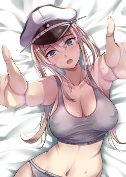 1girl bed_sheet blonde_hair blue_eyes breasts cleavage commentary_request covered_erect_nipples graf_zeppelin_(kancolle) grey_panties grey_sports_bra hat highres kantai_collection kuurunaitsu large_breasts lying navel on_back on_bed open_mouth outstretched_arms panties peaked_cap solo sports_bra stomach tongue underwear underwear_only variant_set white_hat