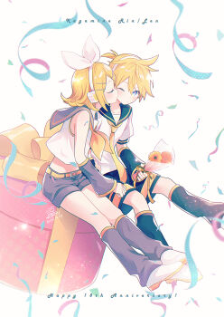 1boy 1girl bass_clef belt black_leg_warmers black_sailor_collar black_shorts black_sleeves blonde_hair bouquet bow bow_hairband box character_name closed_eyes commentary dated detached_sleeves english_commentary flower gift gift_box grey_leg_warmers grey_sailor_collar grey_shorts grey_sleeves hairband happy_anniversary highres holding holding_bouquet kagamine_len kagamine_rin kiss leg_warmers neckerchief necktie orange_flower sailor_collar shirt shoes shorts sitting streamers suzumi_(fallxalice) u_u vocaloid white_bow white_hairband white_shirt white_shoes yellow_belt yellow_flower yellow_neckerchief yellow_necktie