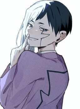 0a_9_(pixiv82791714) 1boy asagiri_gen asymmetrical_hair black_hair blue_eyes dr._stone finger_to_mouth grey_eyes grin hand_up index_finger_raised jacket long_sleeves looking_at_viewer looking_back male_focus multicolored_hair purple_jacket shirt short_hair shushing smile solo split-color_hair upper_body white_background white_hair white_shirt