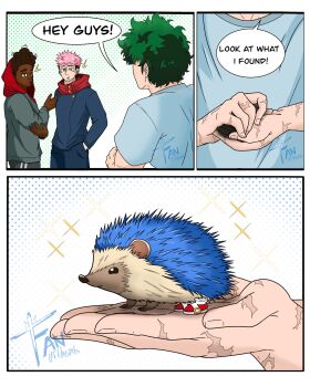 3boys 3koma animal black_hair blue_fur boku_no_hero_academia comic crossover dark_skin fan0fthearts green_hair hedgehog holding holding_animal indoors itadori_yuuji jujutsu_kaisen marvel midoriya_izuku miles_morales multiple_boys pink_hair red_shoes scar sega shirt shoes shounen_jump socks sonic_(series) sonic_the_hedgehog spider-man:_into_the_spider-verse spider-man_(series) spider-verse sweater