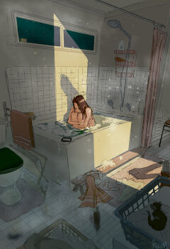 1girl animal basket bath brown_hair cat commentary english_commentary highres hugging_own_legs indoors nude original pants partially_submerged pascalcampion shirt shower_head signature sitting soap soap_bubbles socks solo tile_wall tiles toilet towel unworn_clothes unworn_pants unworn_shirt unworn_socks water