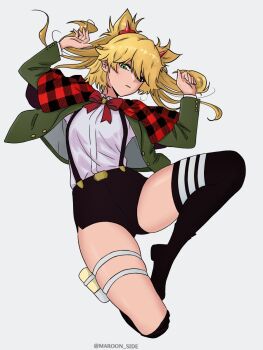 1girl 2025 artist_name black_thighhighs blonde_hair blouse bow breasts burn_the_witch capelet female_focus green_eyes lying maroon_side ninny_spangcole on_back red_bow shirt short_shorts shorts small_breasts suspenders thigh_strap thighhighs thighs twintails twitter_username variant_set
