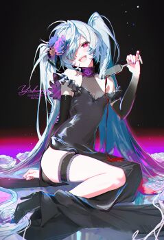 1girl :d black_choker black_dress black_shoes blue_hair blush breasts camellia choker cup dress drinking_glass fang flower frilled_choker frills hair_flower hair_ornament hair_over_one_eye hatsune_miku hiasobi_(vocaloid) highres holding holding_cup long_hair open_mouth pouring pouring_onto_self purple_flower red_eyes see-through_cleavage see-through_clothes shoes small_breasts smile solo twintails very_long_hair vocaloid yutttang