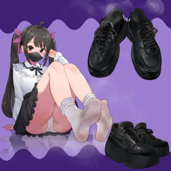 1girl ahoge arm_at_side arm_support ass bib_collar black_bow black_bowtie black_hair black_shoes black_skirt bow bowtie collared_shirt commentary_request commission covered_mouth dirty dirty_clothes fingernails frilled_shirt_collar frills full_body grey_eyes hair_bow hand_up highres knees_up large_variant_set long_hair looking_at_viewer lumina414 mask miniskirt mouth_mask nail_polish no_shoes orange_nails original panties pixiv_commission purple_background purple_bow reflection shirt shirt_tucked_in shoes sitting skirt smell sneakers socks solo twintails underwear unworn_shoes variant_set white_panties white_shirt white_socks wing_collar