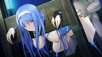 1boy 1girl alice_soft bdsm bent_over black_thighhighs blue_eyes blue_hair blush bondage bound bound_wrists breasts breasts_out bridal_gauntlets chain choukou_(alicesoft) choukou_shinki_ixseal clenched_teeth closed_eyes cum doggystyle ellis_xillia fat fat_man female_focus game_cg hairband hanging_breasts hetero humiliation indoors ixseal large_breasts large_variant_set long_hair night nipples no_bra no_panties non-web_source official_art one_eye_closed onigirikun pillory rape restrained sex sex_from_behind solo_focus standing standing_sex stationary_restraints sweat teeth thighhighs torn_clothes variant_set white_hairband wince