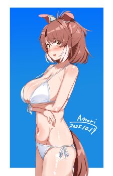 1girl a.nori absurdres animal_ears artist_name bikini blue_background breasts brown_eyes dantsu_flame_(umamusume) dated ear_covers highres horse_ears horse_girl horse_tail large_breasts looking_at_viewer navel open_mouth solo swimsuit tail two-tone_background umamusume white_background white_bikini white_hair