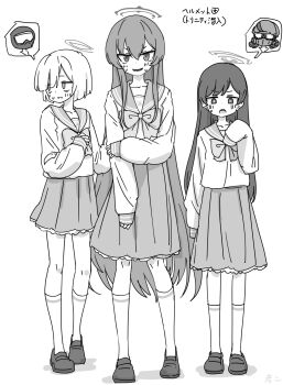 3girls bags_under_eyes blue_archive blush bow bowtie full_body greyscale halo helmet helmet_gang_officer_(blue_archive) helmet_gangster_(blue_archive) highres kneehighs loafers long_hair long_sleeves looking_at_viewer looking_to_the_side monochrome multiple_girls nervous_smile nishino_hikoji pleated_skirt rabu_(blue_archive) school_uniform serafuku sharp_teeth shoes short_hair simple_background skirt sleeves_past_fingers sleeves_past_wrists smile socks straight_hair sweatdrop teeth very_long_hair white_background