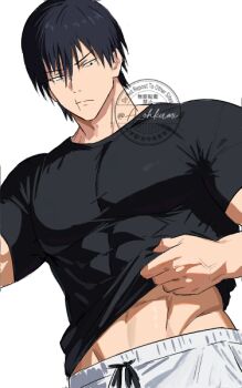 1boy a_ohkami black_hair black_shirt compression_shirt covered_abs covered_pectorals fushiguro_touji hip_bones jujutsu_kaisen male_focus midriff muscular muscular_male pants pectorals scar scar_on_face scar_on_mouth shirt short_hair simple_background solo watermark white_background white_pants