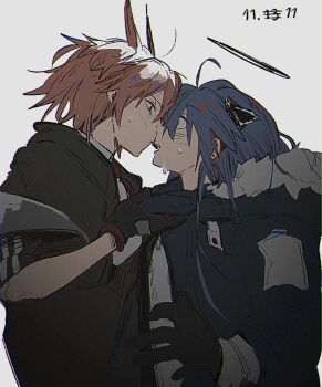 2girls arknights artistic_error black_gloves black_jacket blue_hair blush commentary_request dated demon_horns fiammetta_(arknights) fur_collar gloves halo highres horns imminent_kiss jacket long_hair mostima_(arknights) multiple_girls open_mouth red_hair ronsudsud short_hair short_sleeves simple_background surprised thai_commentary white_background wide-eyed yuri