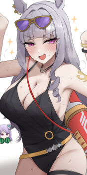 2girls absurdres black_one-piece_swimsuit blush breasts cleavage eyewear_on_head food fruit gold_ship_(run_revolt_launcher)_(umamusume) gold_ship_(umamusume) grey_hair highres holding holding_food holding_fruit holding_watermelon long_hair looking_at_viewer mejiro_mcqueen_(umamusume) multiple_girls namikare official_alternate_costume one-piece_swimsuit open_mouth purple-tinted_eyewear sunglasses swimsuit tinted_eyewear umamusume watermelon