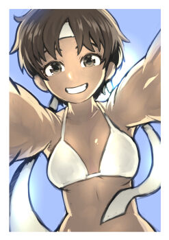 1girl absurdres bikini blue_sky brown_eyes brown_hair collarbone hair_ribbon halterneck highres kasugano_sakura looking_at_viewer okera ribbon short_hair sky smile solo street_fighter swimsuit white_bikini white_ribbon yukadon yukadon_on_viewer
