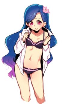 1girl aikatsu! aikatsu!_(series) black_bra black_pantyhose blue_hair bra braid breasts commentary_request contrapposto cropped_legs flower gradient_hair hair_flower hair_ornament highres kazesawa_sora long_hair mole mole_under_mouth multicolored_hair open_clothes open_shirt pantyhose purple_hair red_eyes shirt side_braid small_breasts solo ukokkei underwear very_long_hair white_shirt