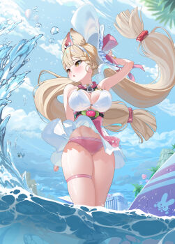 1girl absurdres alice_thymefield bangboo_(zenless_zone_zero) bare_shoulders blonde_hair blush breasts cleavage cloud cloudy_sky commentary_request day elsynien hair_ornament hand_on_headwear hat heterochromia highres large_breasts long_hair making-of_available outdoors panties pantyshot parted_lips pink_panties red_eyes sharkboo_(zenless_zone_zero) skindentation sky solo sphere_hair_ornament thigh_strap twintails underwear very_long_hair wading water white_hat wide_brim wind yellow_eyes zenless_zone_zero