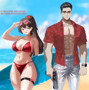 Rule 34 | 1boy, 1girl, beach, bear hair ornament, bikini, black hair, blue sky, brown hair, carmen (project moon), cloud, collared shirt, english text, eyewear on head, green eyes, gun, hair ornament, hairband, handgun, heart, heart-shaped eyewear, highres, holding, holding gun, holding surfboard, holding weapon, legband, limbus company, long hair, meursault (project moon), muscular, muscular male, pants, paulcamadonnas, ponytail, project moon, red bikini, red shirt, shirt, short hair, sky, surfboard, swimsuit, the stranger (camus), unbuttoned, weapon, white pants