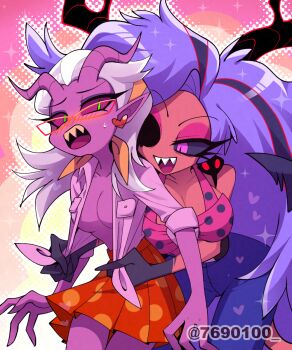 2girls black_sclera blush colored_sclera colored_skin demon_girl demon_horns glasses hellaverse helluva_boss highres horns martha_(helluva_boss) menattou mrs._mayberry multicolored_hair multiple_girls no_bra open_clothes open_shirt purple_hair purple_skin sharp_teeth streaked_hair teeth undressing_another yuri