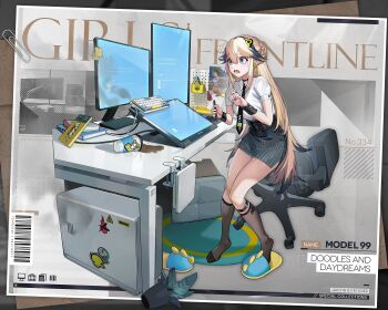 1girl ^^^ artist_self-reference back_skirt barcode black_hairband black_necktie black_socks black_wrist_cuffs blonde_hair blue_eyes blue_hair blue_screen_of_death book breasts chair character_name coffee commentary computer computer_keyboard computer_mouse computer_tower copyright_name crossed_out cup desk drawing_tablet earrings english_commentary feet footrest full_body girls&#039;_frontline griffin_&amp;_kryuger_logo hair_ornament hairband highres holding holding_pen jewelry kneehighs large_breasts letter_hair_ornament lightning_bolt_symbol long_hair mole mole_on_thigh monitor multicolored_hair multiple_monitors necktie nervous_sweating office_chair office_lady official_alternate_costume official_art oop open_mouth paperclip pen pinstripe_pattern pinstripe_skirt plant potted_plant promotional_art rug sangvis_ferri savage_99_(doodles_and_daydreams)_(girls&#039;_frontline) savage_99_(girls&#039;_frontline) second-party_source see-through_clothes see-through_socks shin_strap shirt short_sleeves sign slippers smoke socks solo spill standing sticker streaked_hair striped sweat swivel_chair toes unworn_slippers vertical_monitor very_long_hair warning_sign white_shirt wrist_cuffs