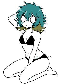 1girl barefoot black_bra black_panties bra breasts cleavage full_body green_hair medium_breasts messy_hair navel o_o original panties scatterbralns short_hair simple_background sitting solo underwear underwear_only white_background
