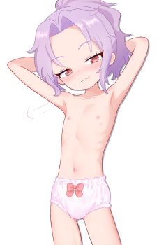 1girl absurdres armpits arms_behind_head arms_up bow bow_panties closed_mouth collarbone cowboy_shot flat_chest highres kommandoh kunoichi_tsubaki_no_mune_no_uchi loli looking_at_viewer navel nipples panties ponytail purple_hair red_bow red_eyes ringed_eyes sazanka_(kunoichi_tsubaki_no_mune_no_uchi) short_hair simple_background skinny smug solo topless_female underwear underwear_only white_background white_panties